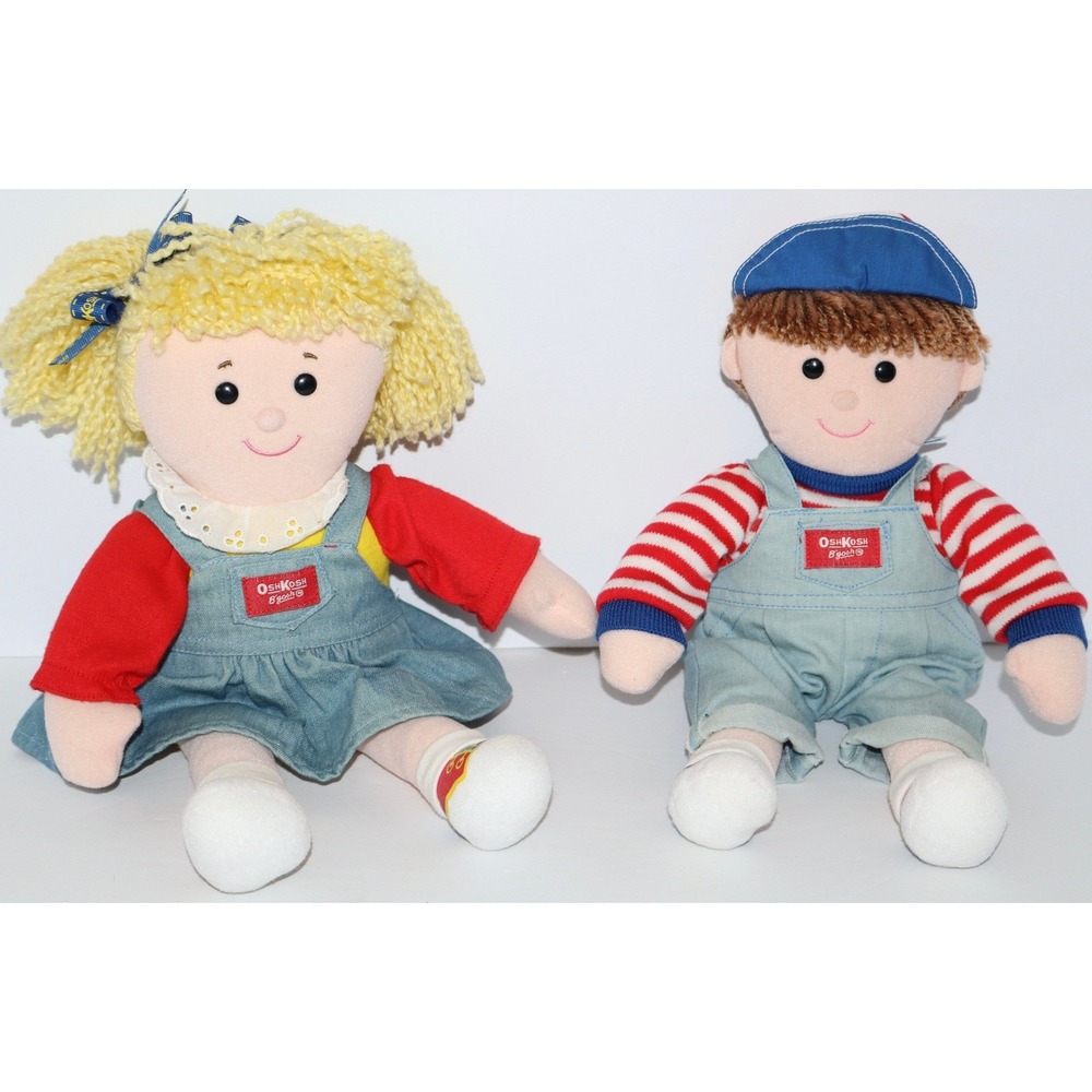 Vintage OshKosh Bgosh Plush Rag Doll Set Boy Girl Denim Overalls 12 inch Eden